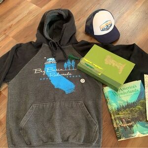 Adventure Natl Park’66 Bk,Big Basin Hoodie,Trailer Button Pin,Hike Hat +Book mk